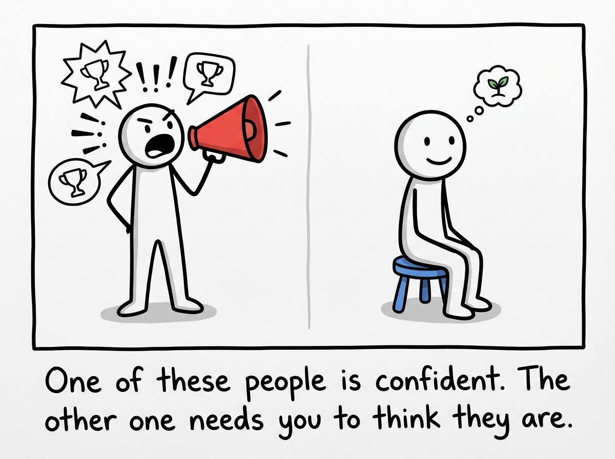 Two stick figures side by side -- one shouting accomplishments into a megaphone, the other sitting calmly with a small settled smile