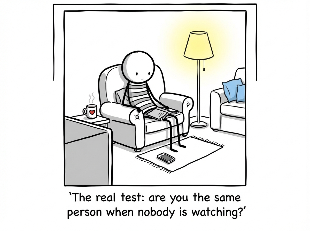 A stick figure alone in a room, comfortable, not checking their phone for validation, not performing for anyone
