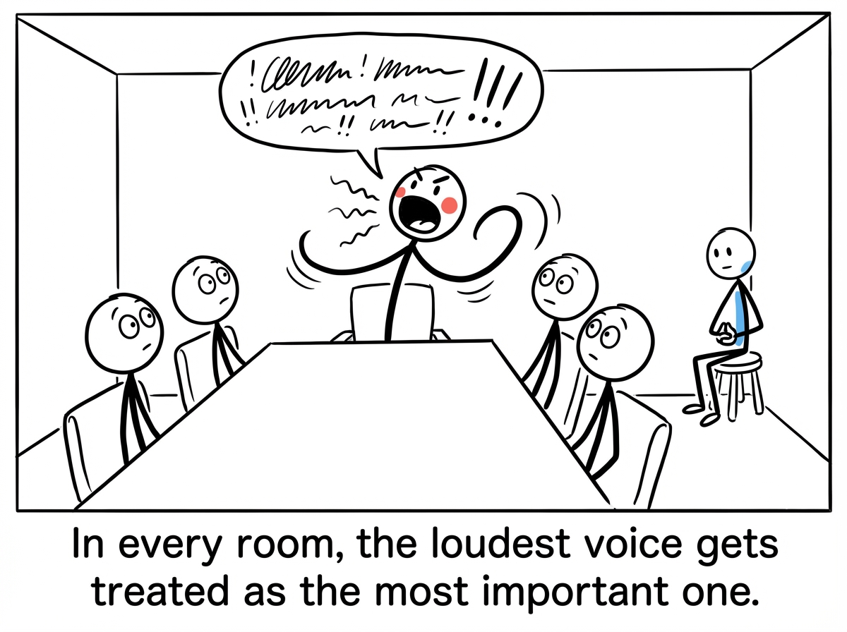 A meeting room. One stick figure is standing, talking loudly, gesturing big, dominating the space. Everyone's eyes are on them. Another stick figure sits quietly in the corner, listening.