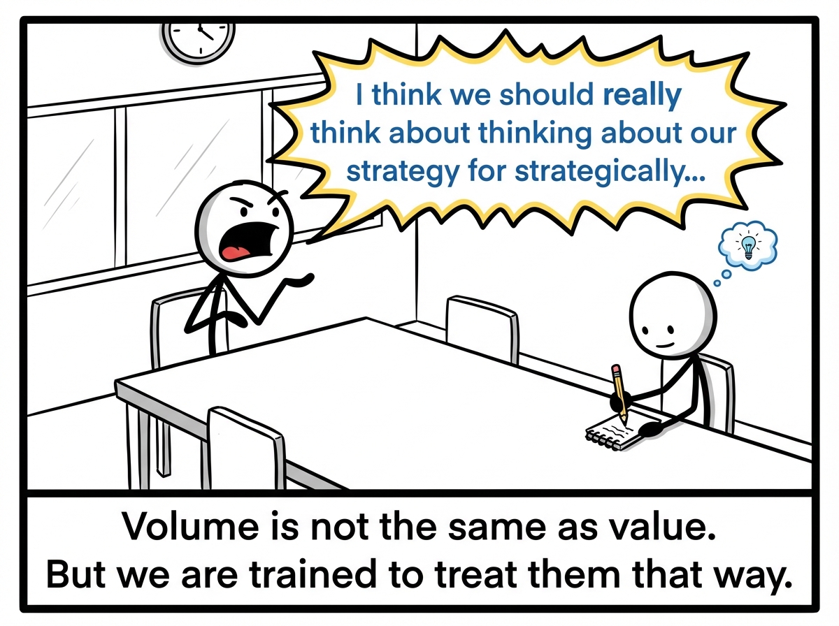 The loud stick figure is saying many words but a close-up reveals the content is mostly filler: 'I think we should really think about thinking about our strategy for strategically...' The quiet one is taking notes.