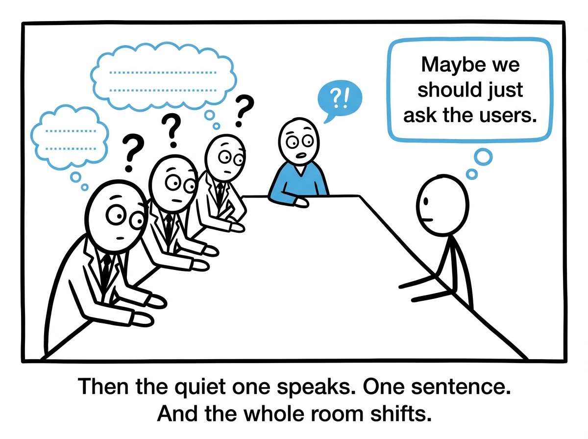 The quiet stick figure speaks one sentence. It is clear, direct, and precisely addresses the actual problem. The room goes silent. The loud one looks confused.