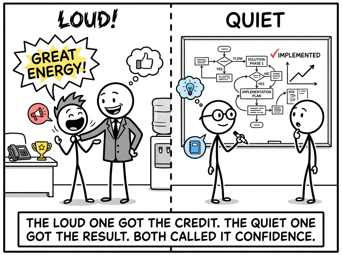 After the meeting, the loud stick figure gets praised for 'great energy.' The quiet one's idea is actually implemented. Nobody notices the irony.