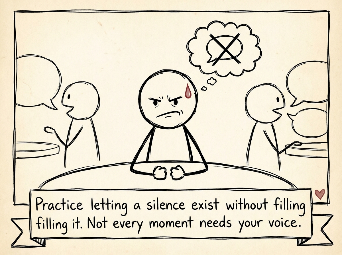 A stick figure resisting the urge to speak just to be visible, sitting with the discomfort of silence