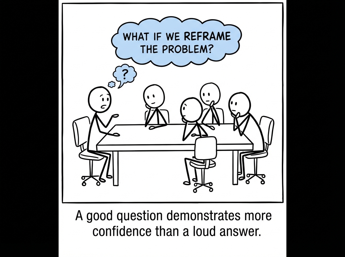 The stick figure asking a thoughtful question instead of making a declaration, the room leaning in to listen