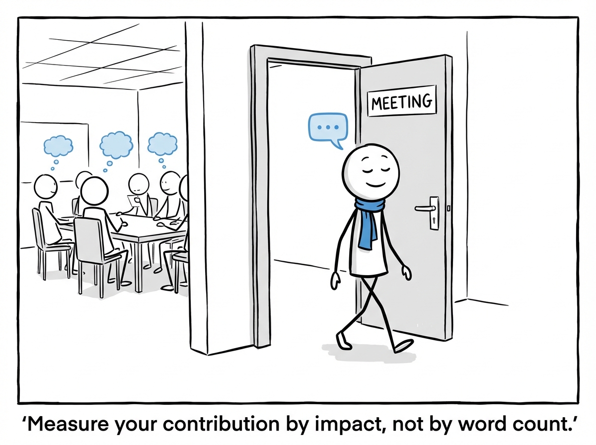 The stick figure walking out of a meeting where they only spoke twice, feeling settled rather than anxious about not saying more
