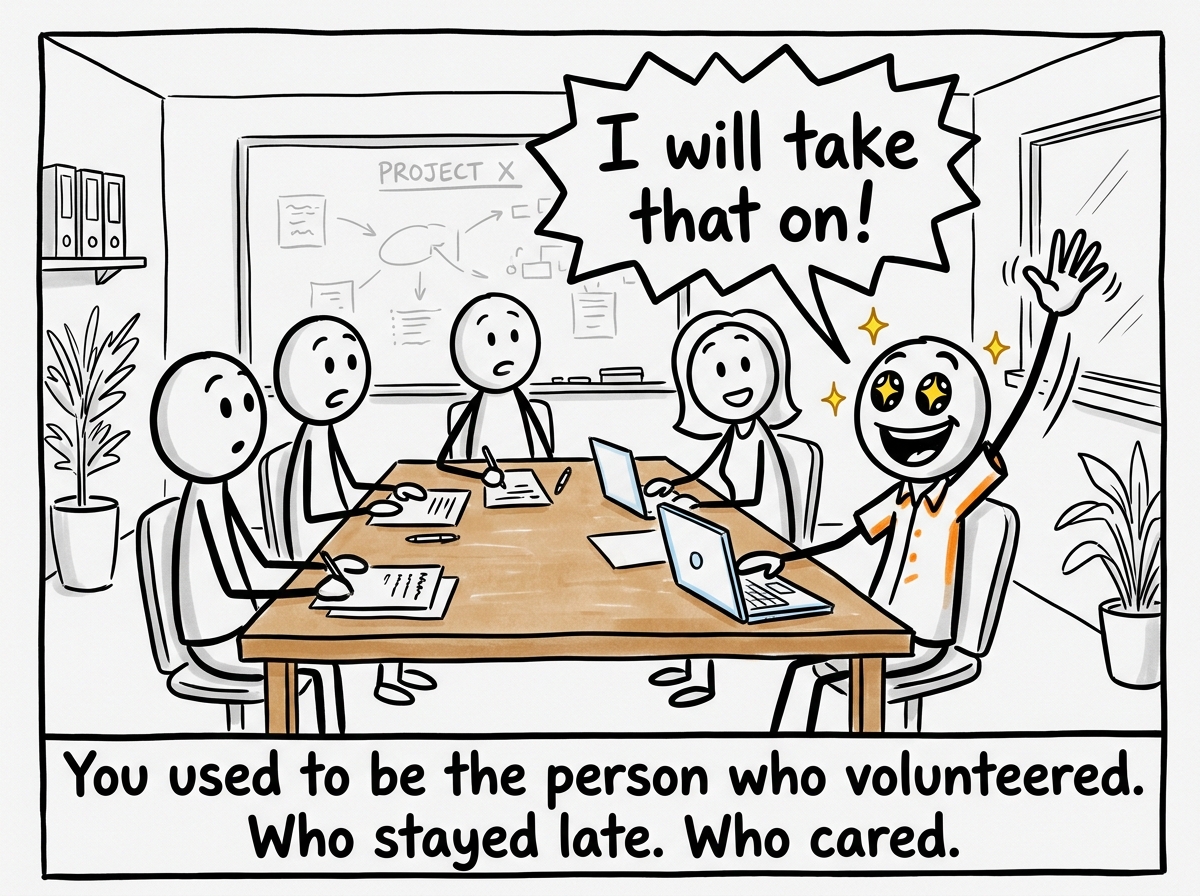 A stick figure enthusiastically volunteering at a team meeting, hand raised high, eyes bright, with a speech bubble saying 'I will take that on!'