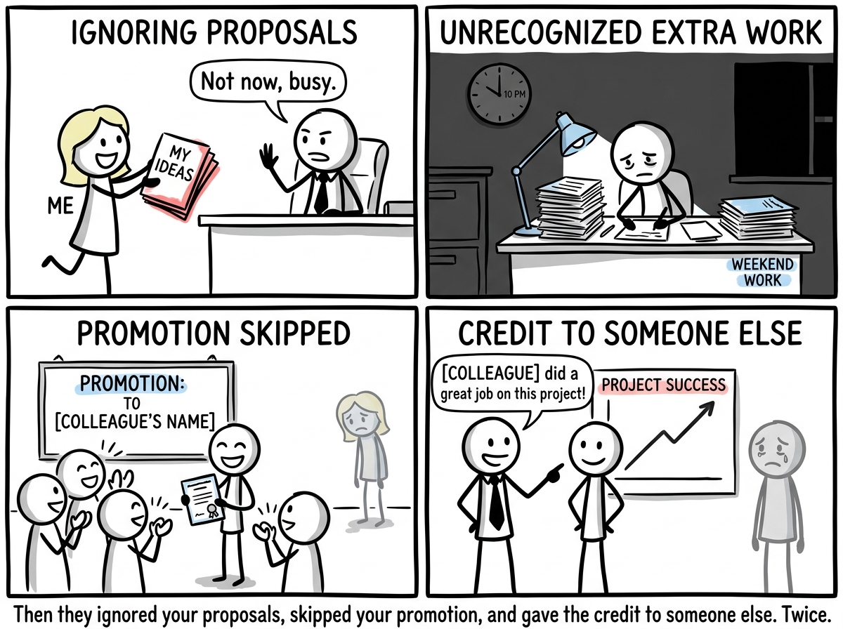 A montage showing the stick figure's proposals ignored, their extra work unrecognized, and a promotion going to a colleague who did less, with each scene draining color from the figure