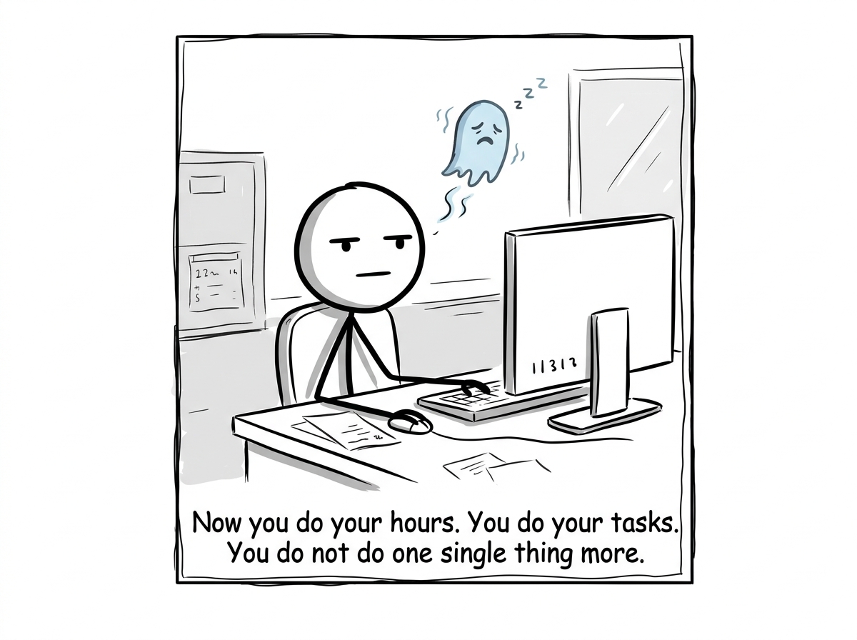 The stick figure now sitting at the same desk with a completely flat expression, doing exactly the minimum required, their enthusiasm represented as a tiny ghost floating away