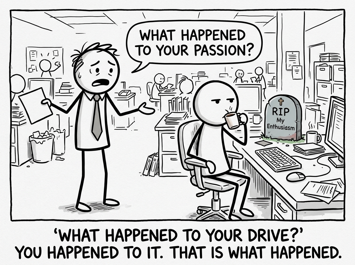 A manager looking confused asking 'What happened to your passion?' while the stick figure sips coffee next to a tiny gravestone reading 'RIP My Enthusiasm'