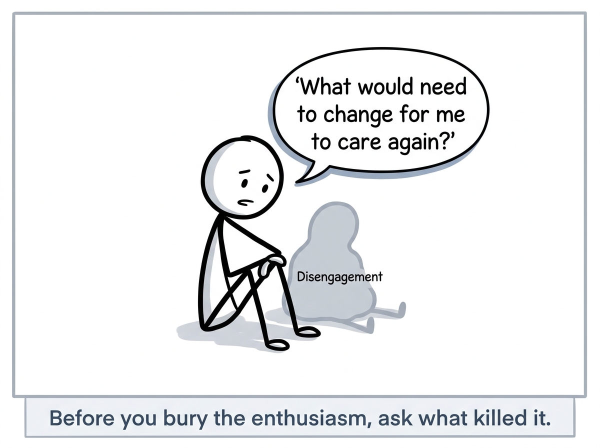 A stick figure sitting with their disengagement, honestly asking: 'What would need to change for me to care again?'