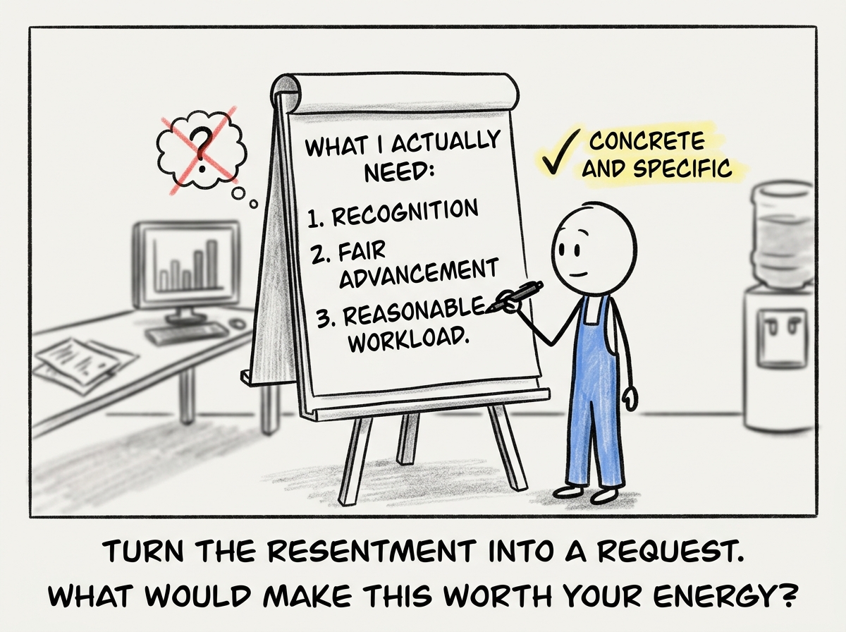 The stick figure writing a list of what they actually need: recognition, fair advancement, reasonable workload -- concrete and specific