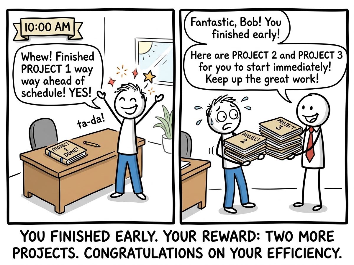 A stick figure finishing a project early and looking proud, immediately being handed two more projects by a smiling boss