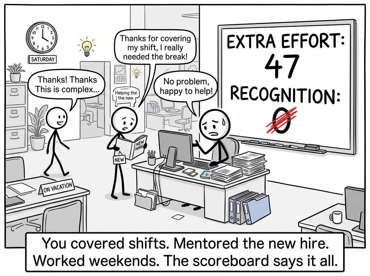 The stick figure working through a weekend, helping a colleague, and covering someone's absence, while a tally board behind them shows 'Extra effort: 47, Recognition: 0'