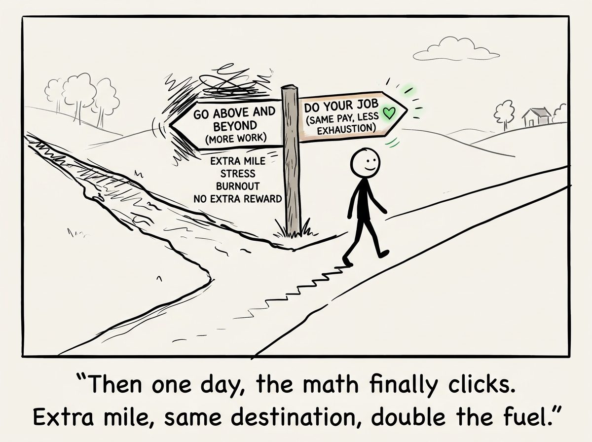 The stick figure at a crossroads, one path labeled 'Go above and beyond (more work)' and the other labeled 'Do your job (same pay, less exhaustion)' -- they calmly walk toward the second path
