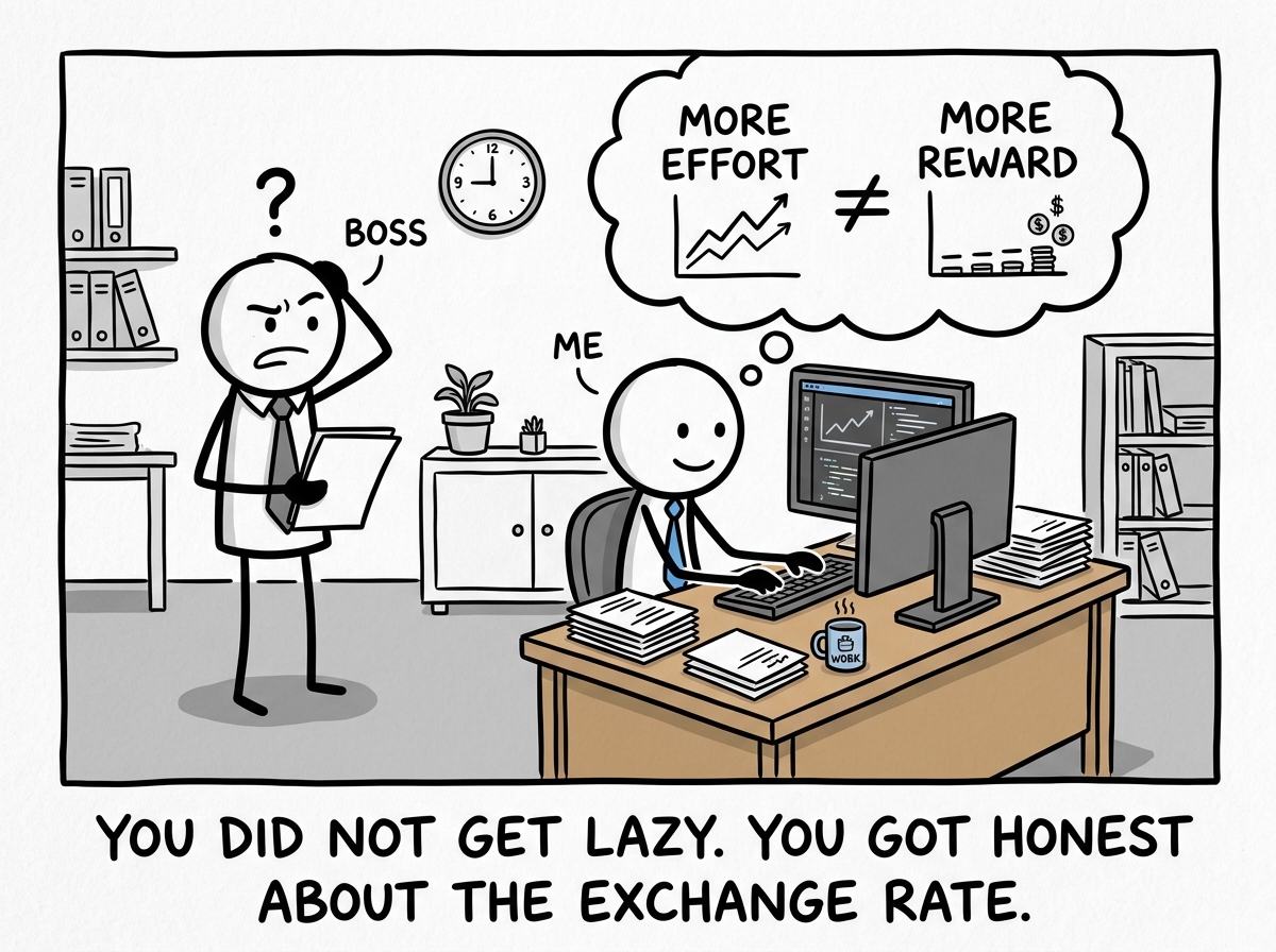 The stick figure peacefully working within their job description while their boss looks puzzled, and the figure's thought bubble shows a simple equation: 'More effort ≠ More reward'