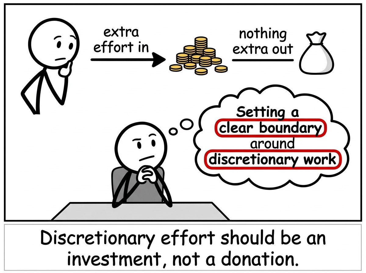 A stick figure looking at the pattern: extra effort in, nothing extra out, and deciding to set a clear boundary around discretionary work