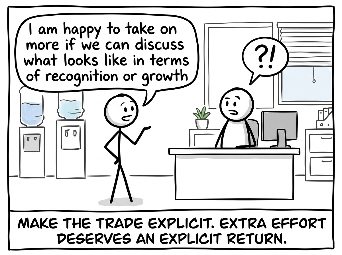 The stick figure telling their manager: 'I am happy to take on more if we can discuss what that looks like in terms of recognition or growth'