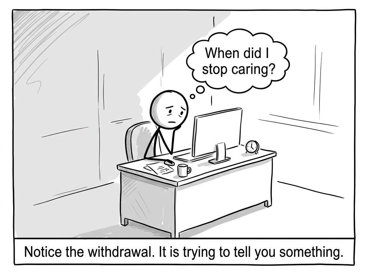 A stick figure noticing their own disengagement -- doing the bare minimum, feeling nothing about the work -- and asking themselves 'When did I stop caring?'