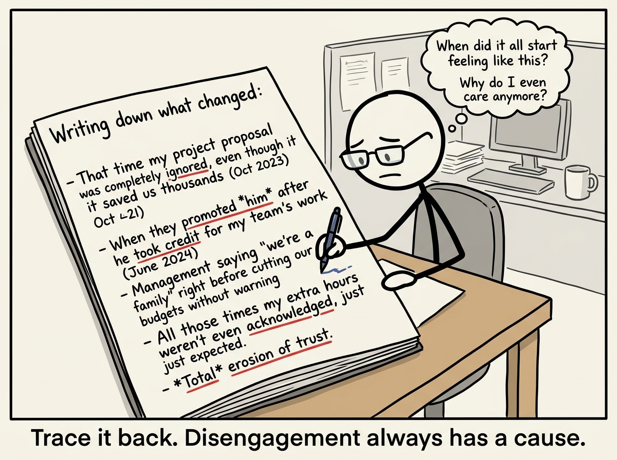 The stick figure writing down what changed: the unrecognized effort, the unfair promotion, the eroded trust, naming specific moments