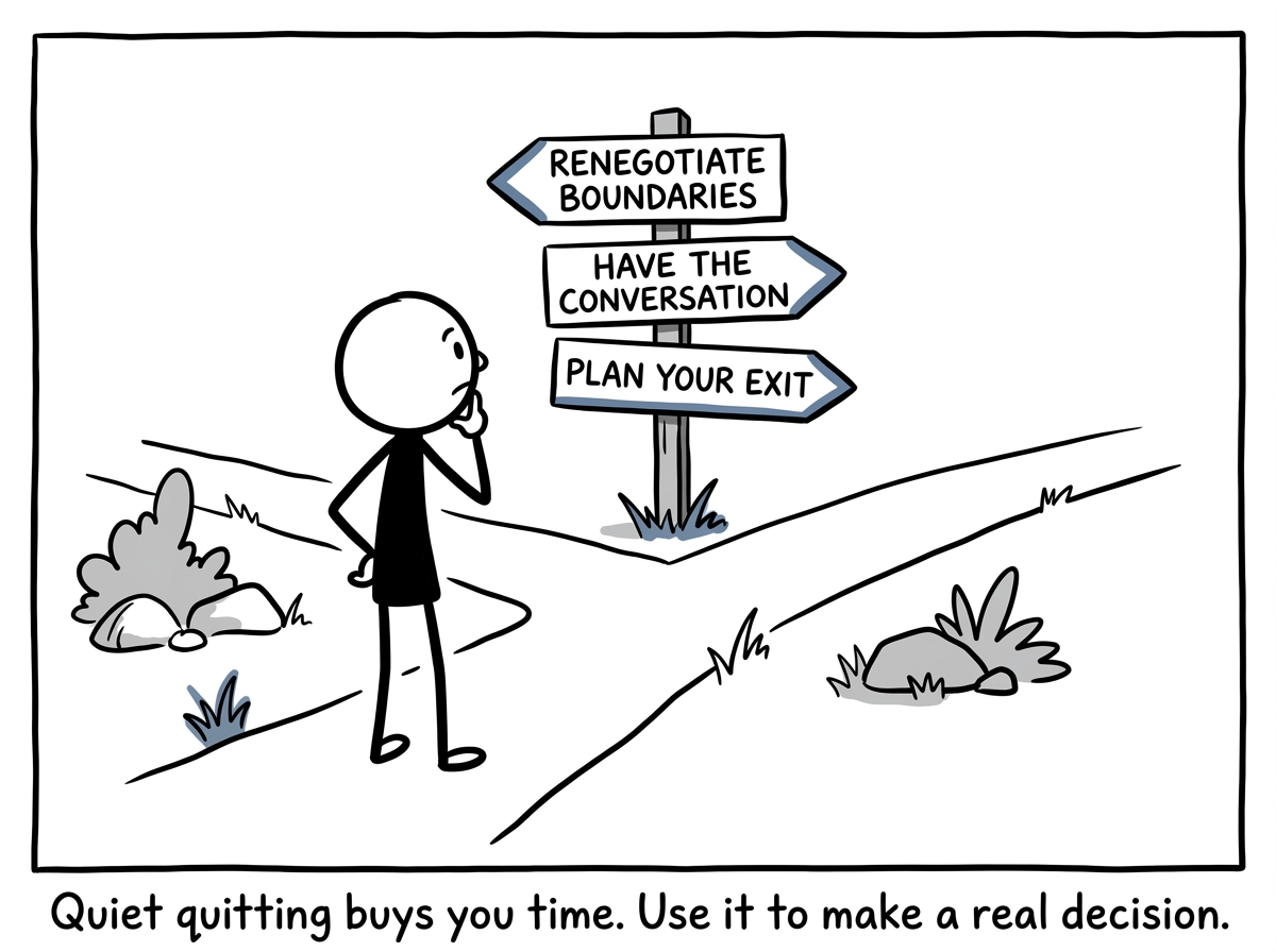 The stick figure at a crossroads with three signs: 'Renegotiate boundaries,' 'Have the conversation,' and 'Plan your exit' -- choosing deliberately