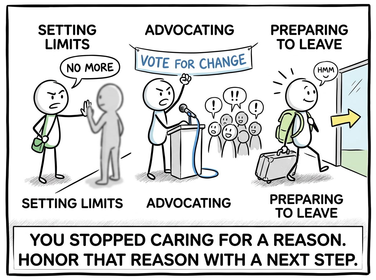 The stick figure taking action on their choice -- either setting clear limits, advocating for change, or preparing to leave -- looking purposeful again