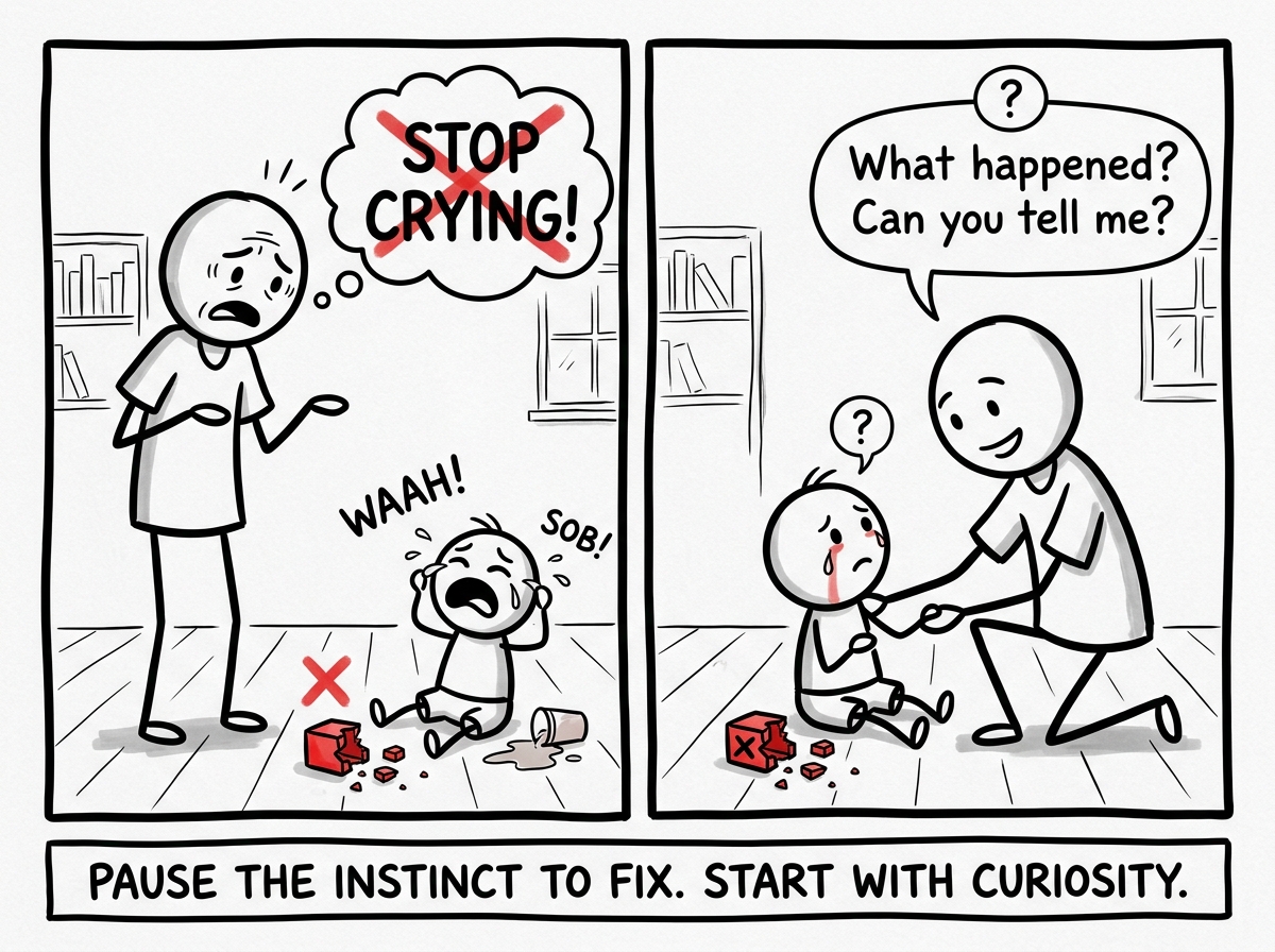 A stick figure parent watching their child cry over something small, resisting the urge to say 'stop crying,' and instead kneeling down