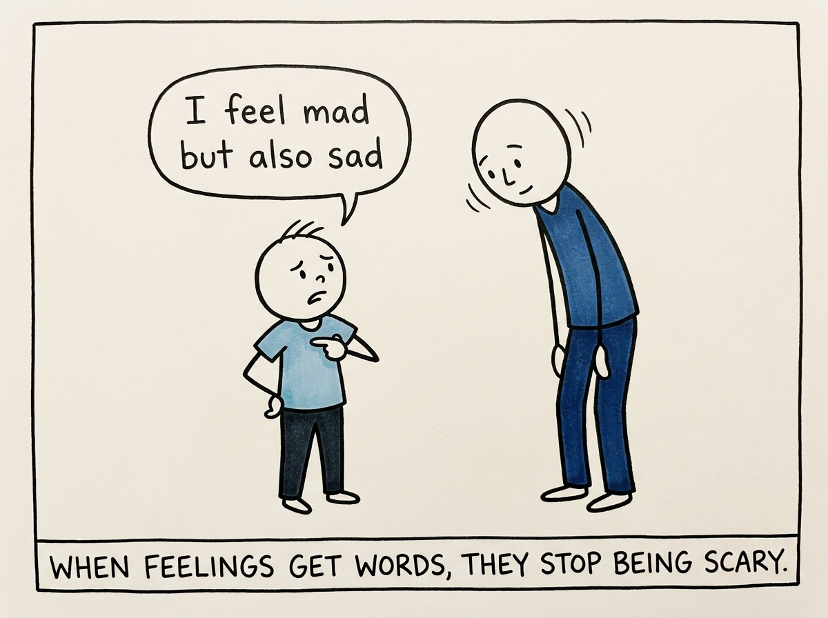 The child pointing at their chest and saying 'I feel mad but also sad' while the parent nods, taking it seriously