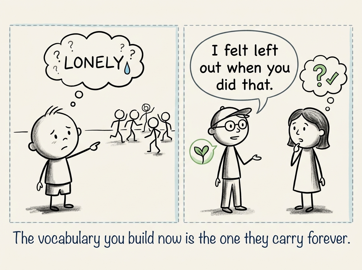 The same child, older now, calmly telling a friend 'I felt left out when you did that' -- the skill in action years later