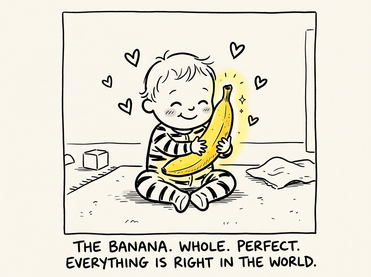 A toddler holding a whole banana with a look of pure love and contentment. Hearts float around them. The banana is drawn like a precious treasure