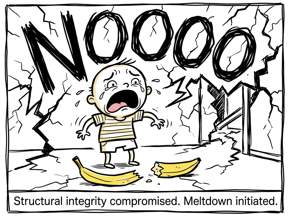 The banana has broken in half. The toddler stares at the two pieces in horror. Their face contorts. The background cracks like an earthquake. The word 'NOOOO' fills the panel in jagged letters