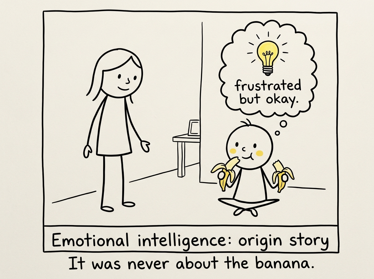 The child from the right panel, now calm, holding both banana halves and taking a bite from one. A small smile. The parent watches. A thought bubble from the child shows a lightbulb with a feeling label: 'frustrated but okay.' The caption at the bottom reads 'Emotional intelligence: origin story'