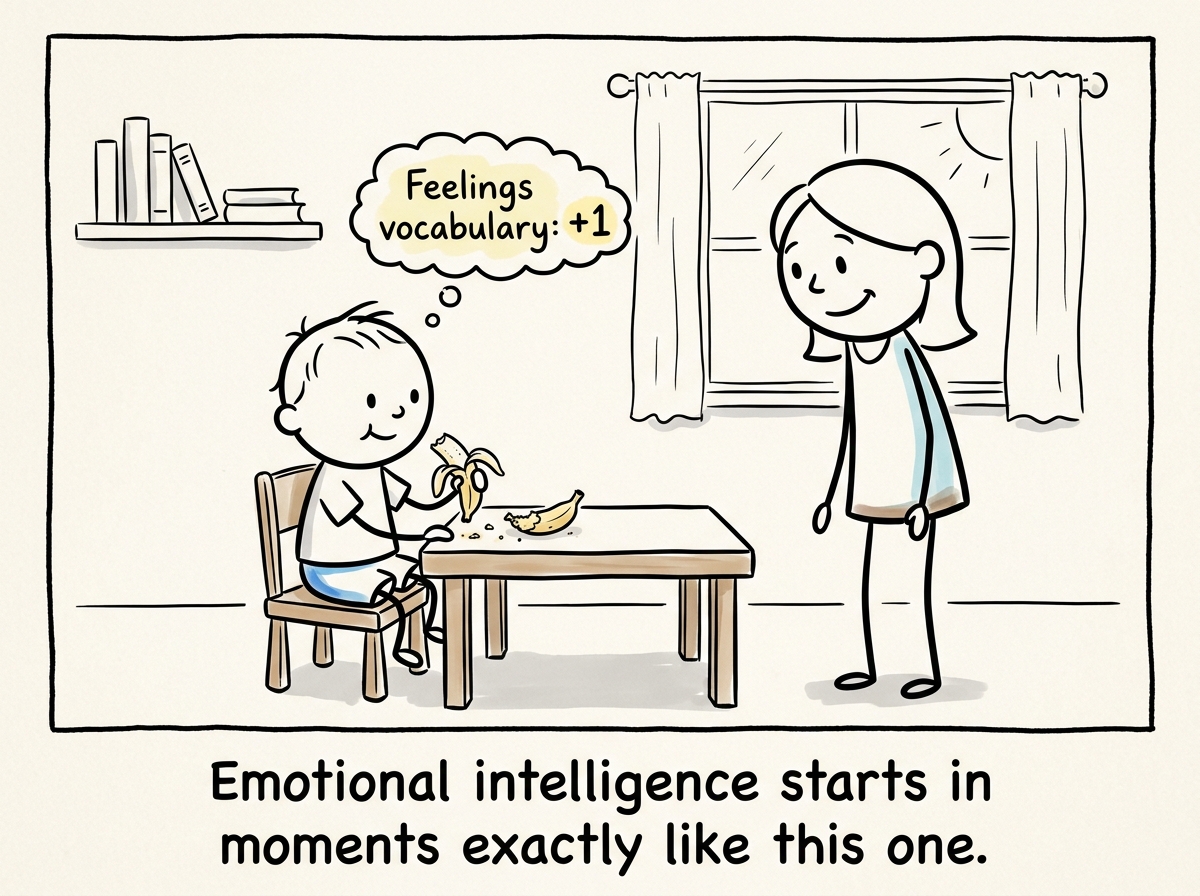 The toddler taking a bite of the broken banana with a small smile. The parent watches. A tiny label appears above the child's head: 'Feelings vocabulary: +1'
