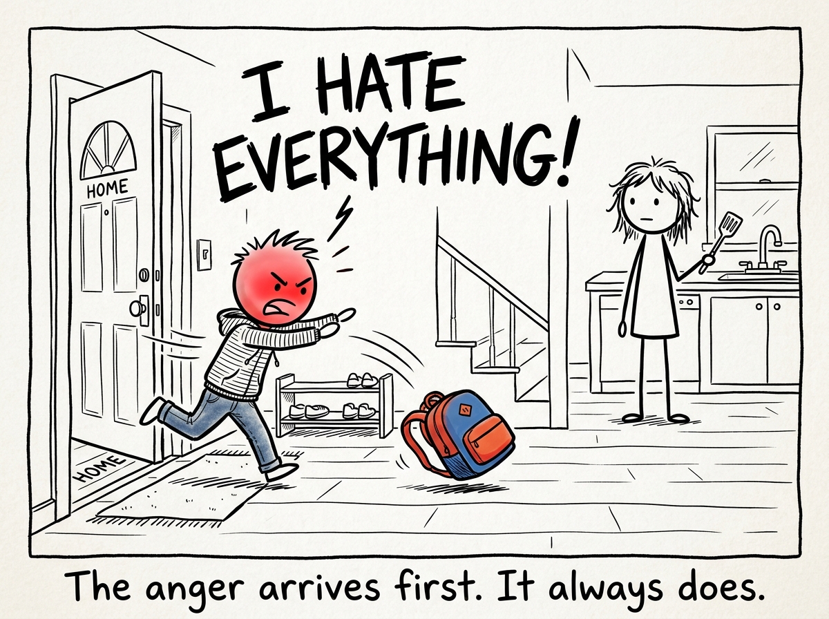 A child bursting through the front door after school, face red with fury. They throw their backpack on the ground. Bold letters above them read 'I HATE EVERYTHING.' The parent watches from the kitchen, not reacting