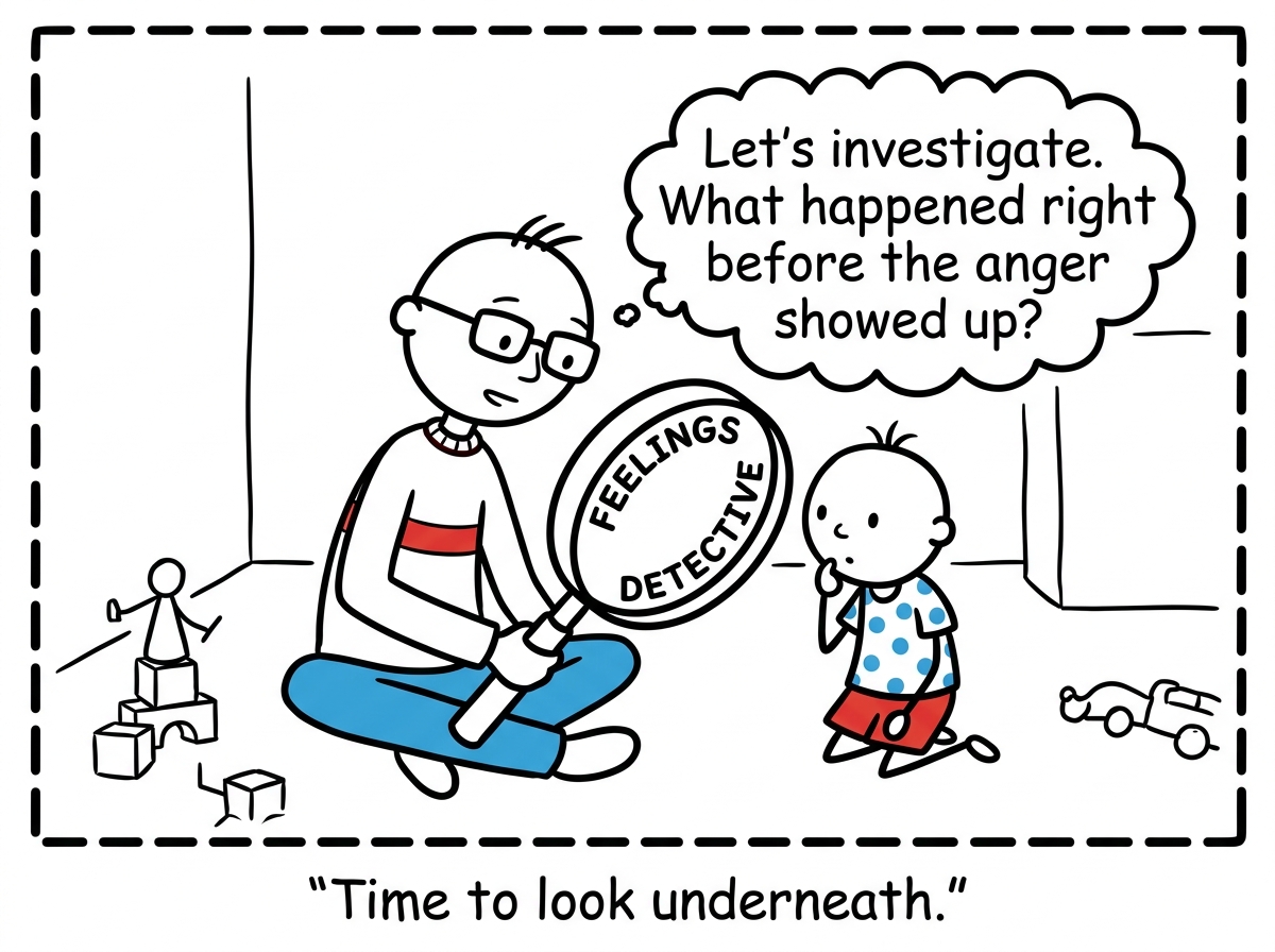 The parent sits beside the child on the floor. They hold up a cartoon magnifying glass labeled 'Feelings Detective.' 'Let's investigate,' the parent says. 'What happened right before the anger showed up?'