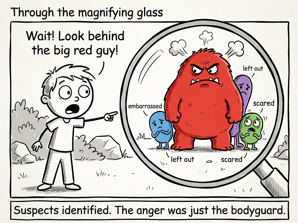 Through the magnifying glass, the child's anger is shown as a large red monster. But behind it, hiding, are three smaller feelings drawn as tiny creatures: a blue one labeled 'embarrassed,' a purple one labeled 'left out,' and a green one labeled 'scared.' The child points at them with surprise