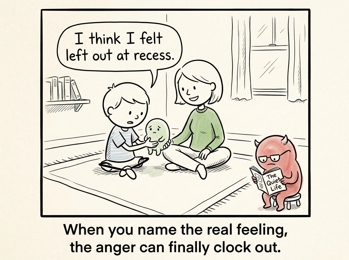 The child and parent sitting together, the child holding the small 'left out' creature gently in their hands, saying 'I think I felt left out at recess.' The big red anger monster sits in the corner, much smaller now, reading a magazine. The parent smiles