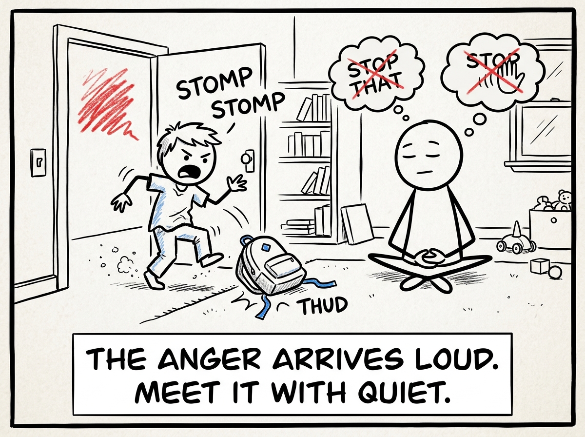 A child stomping through the door after school, throwing their bag down. The parent resists saying 'Stop that' and instead sits on the floor nearby, calm and quiet