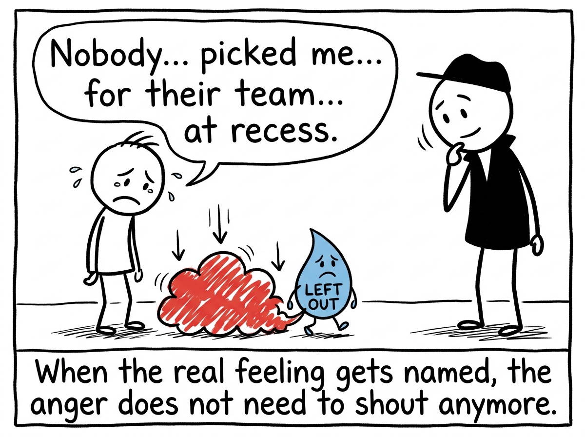 The child slowly saying 'Nobody picked me for their team at recess.' The big red anger shrinks as a smaller blue feeling labeled 'left out' steps forward. The parent nods