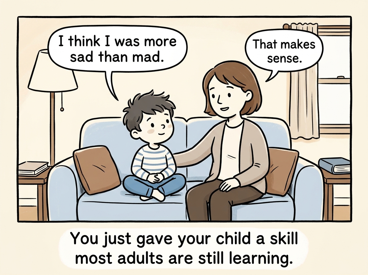 The child and parent sitting together, the child saying 'I think I was more sad than mad.' The parent says 'That makes sense.' Both are calm