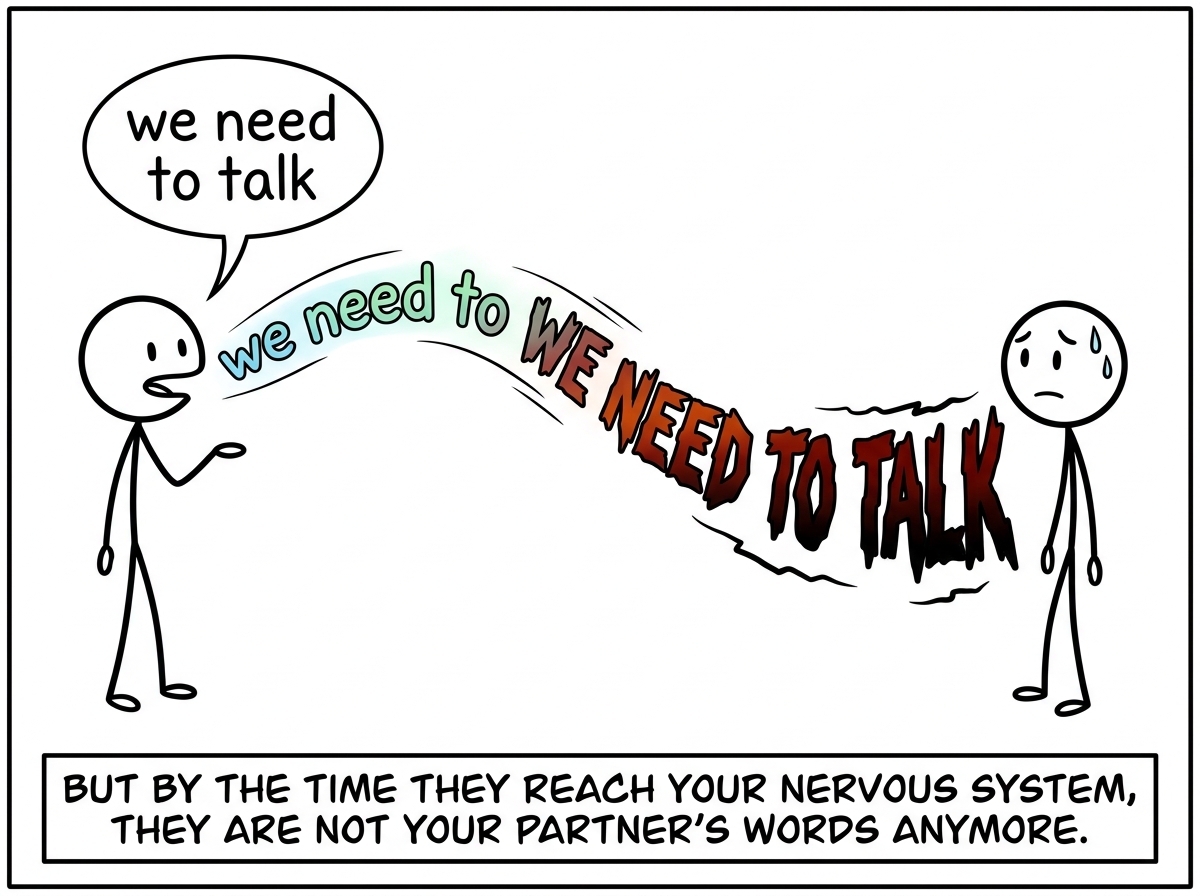 The words 'we need to talk' traveling through the air toward the stick figure, morphing mid-flight into a different voice, different tone, the letters changing from warm colors to dark reds and blacks