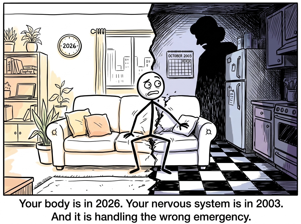 The stick figure frozen on the couch, the living room splitting in half -- one side is the warm present-day apartment, the other side is a dark childhood kitchen with a looming shadow of a parent, the stick figure straddling both worlds