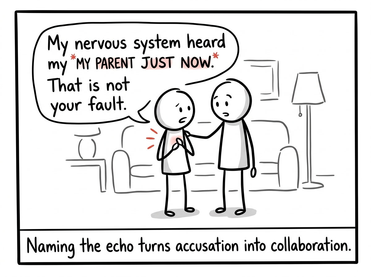 The stick figure telling their partner 'My nervous system heard my parent just now. That is not your fault.'