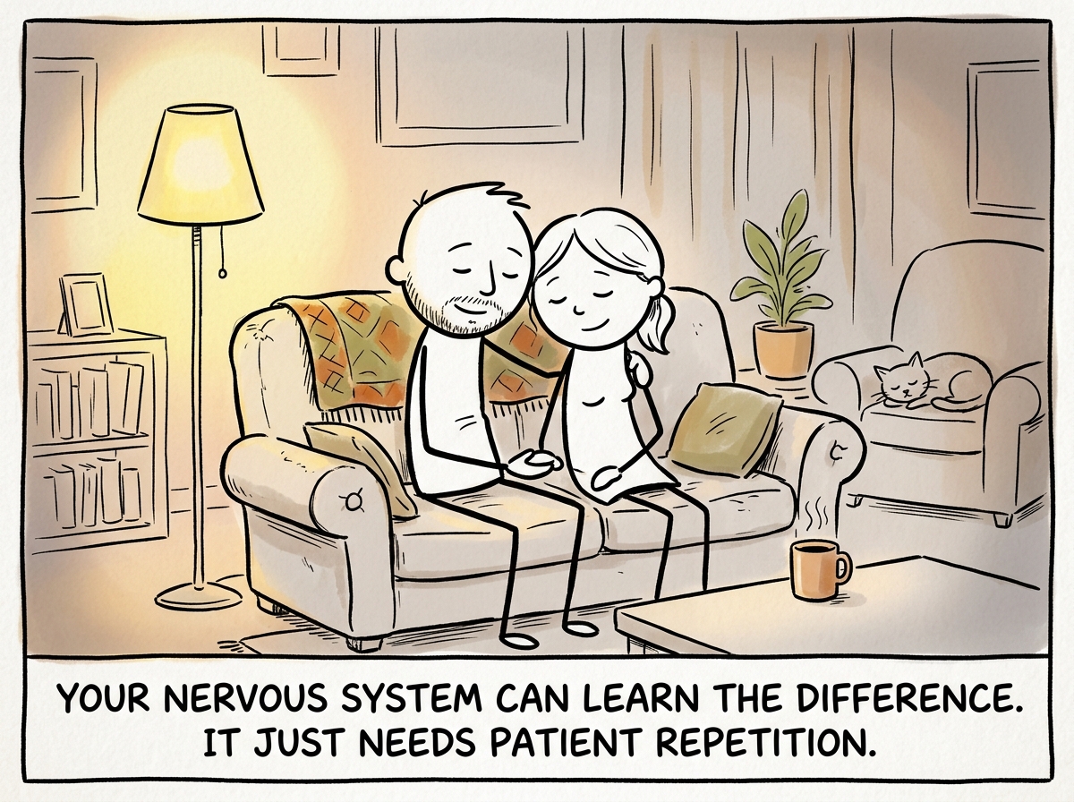 The stick figure and their partner sitting together after the moment has passed, the room warm and present again