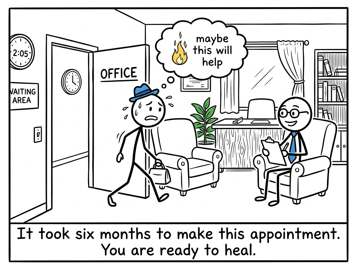 A stick figure nervously entering a therapist's office for the first time, thought bubble showing a small hopeful flame labeled 'maybe this will help'