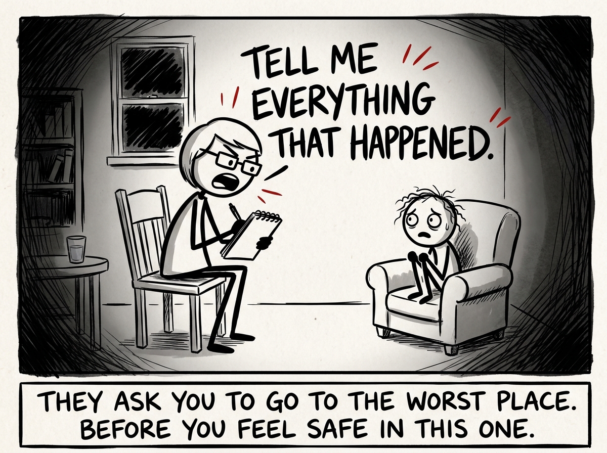 The therapist leaning forward intensely, asking 'Tell me everything that happened,' while the stick figure shrinks in their chair, the room starting to darken at the edges