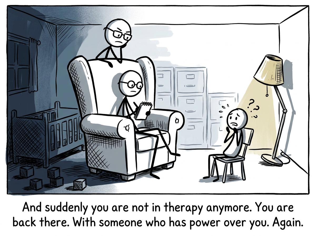 The therapy room transforming: the therapist's chair grows larger, the stick figure's chair shrinks, the walls morph into a shadowy version of a childhood room, the power dynamic visually mirroring the original trauma