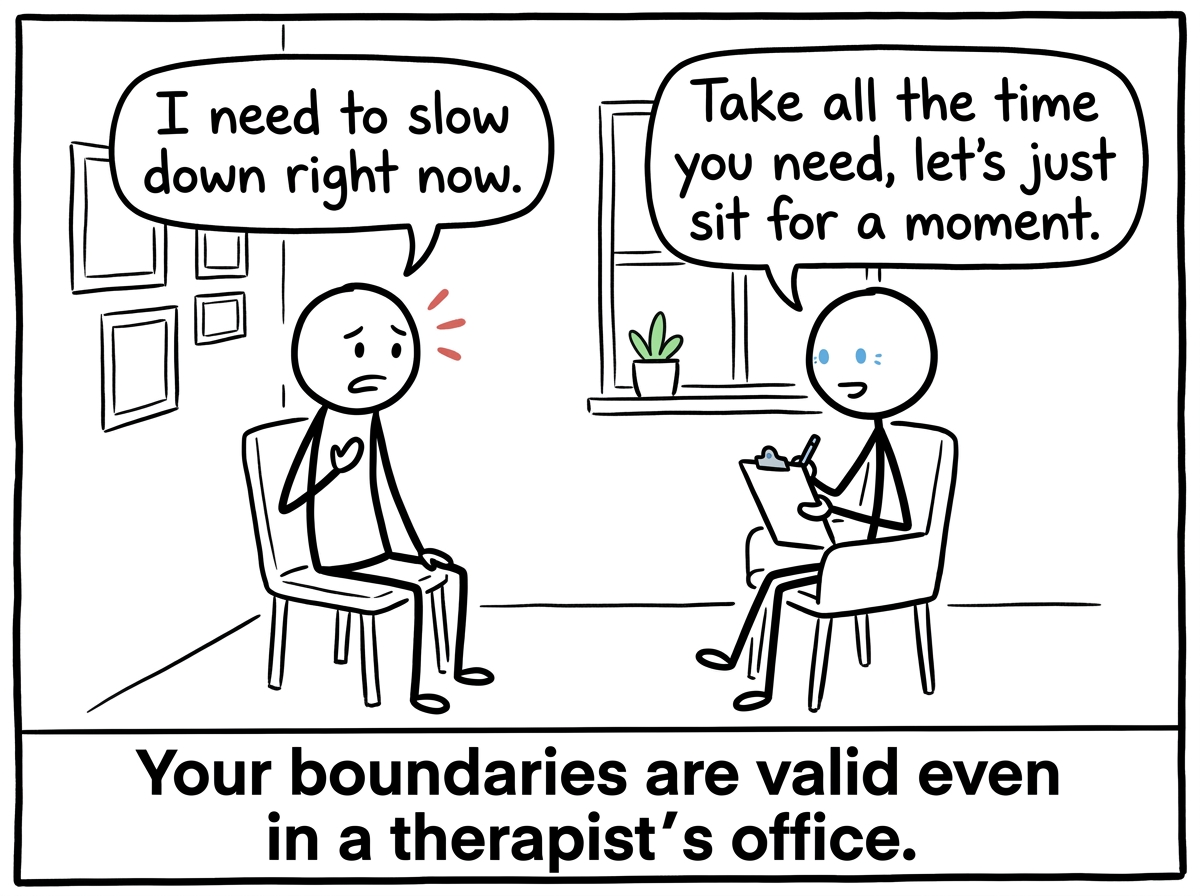 A stick figure in a therapy session noticing they feel unsafe and saying 'I need to slow down right now'