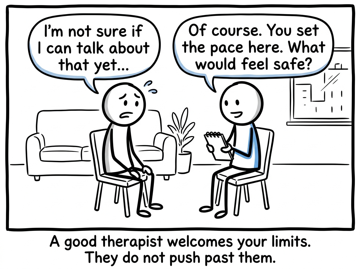 The therapist responding with 'Of course. You set the pace here. What would feel safe?'