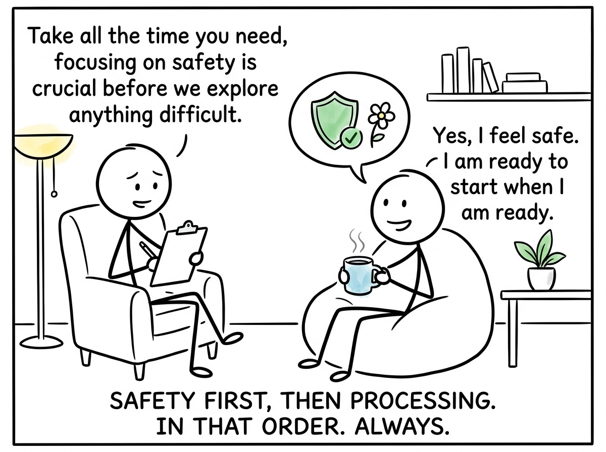 The stick figure working at their own pace in therapy, safety established before deep processing begins