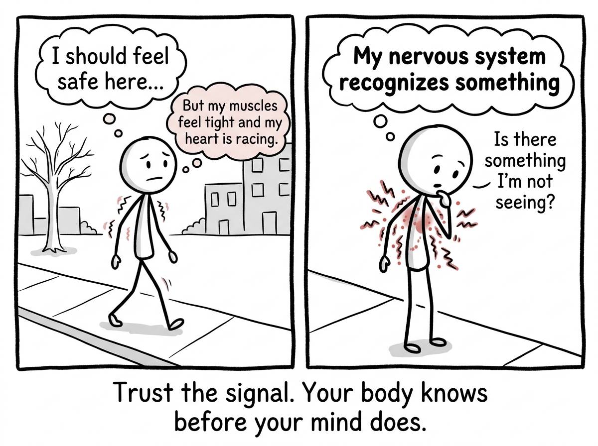 A stick figure notices their body tensing in a situation that should be safe, and thinks 'My nervous system recognizes something'